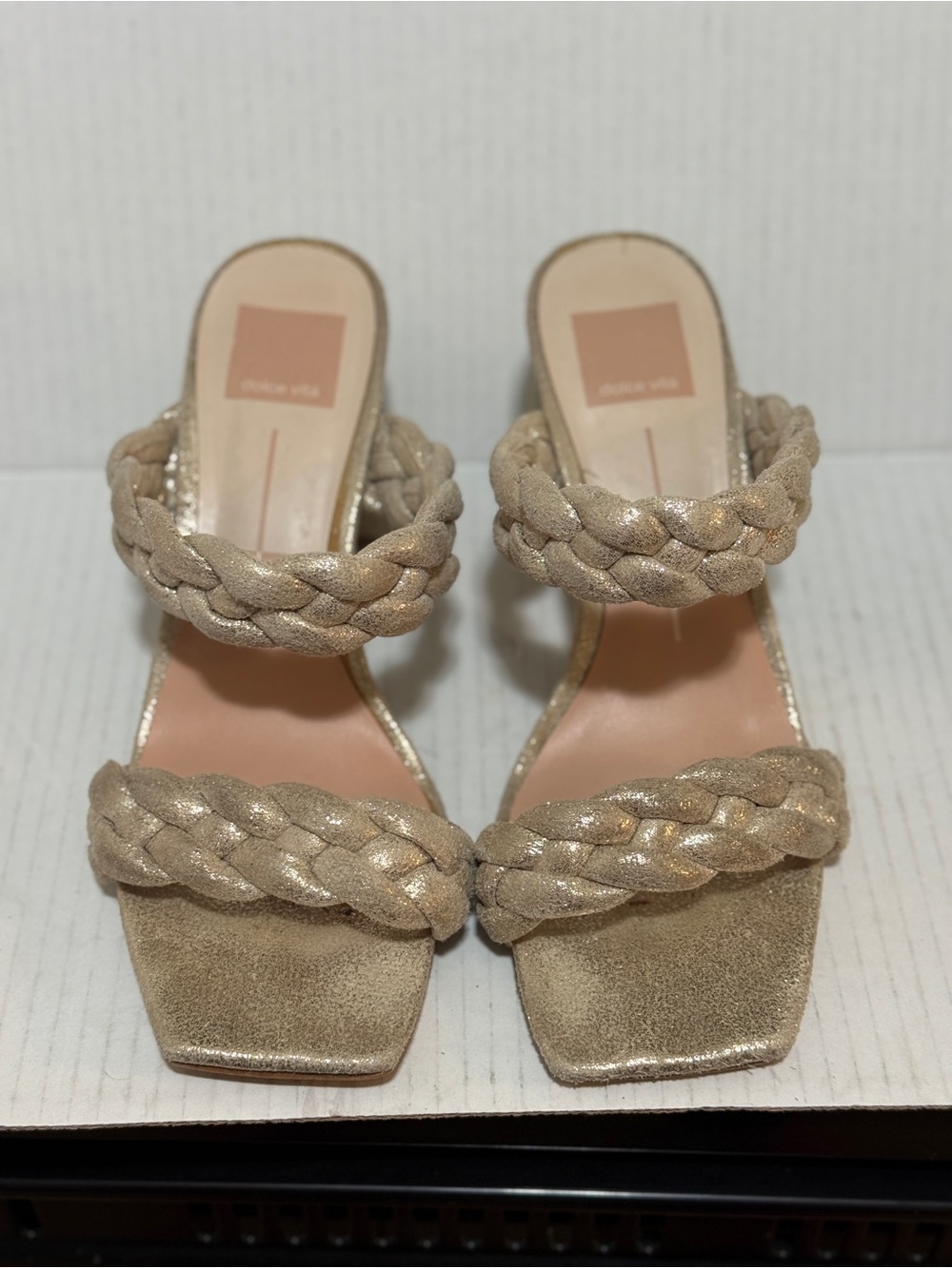 Dolce Vita Women's Paily Gold Metallic Sandals Braided Straps Square Toe Sz 7.5